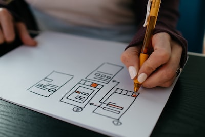 Designer's hands sketching a UX wireframe on paper