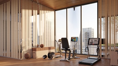 Modern gym with equipment and a city skyline view